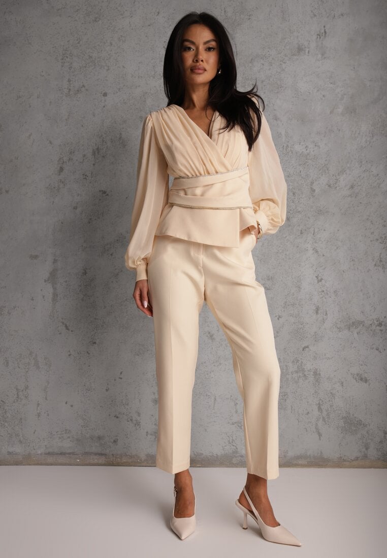 Beżowe Klasyczne Spodnie VICES Garniturowe High Waist Dimaia