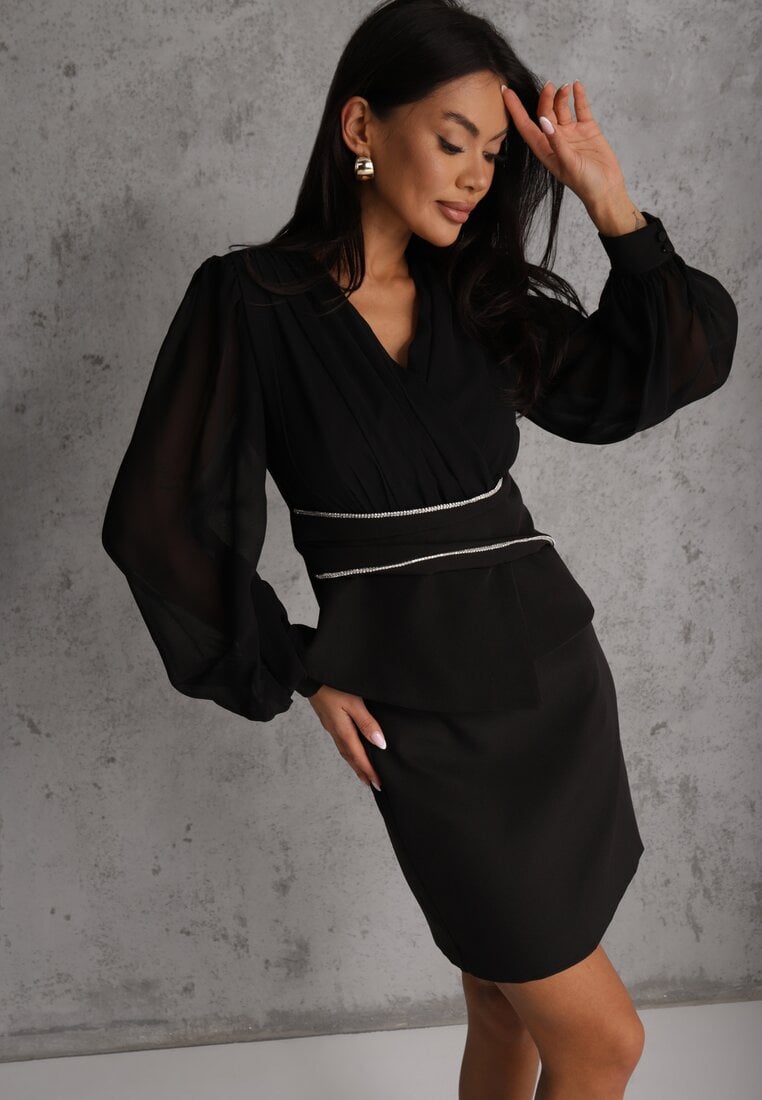 Czarna Bluzka VICES w Kopertowym Stylu z Luźnymi Transparentnymi Rękawami i Dekoltem V Inge