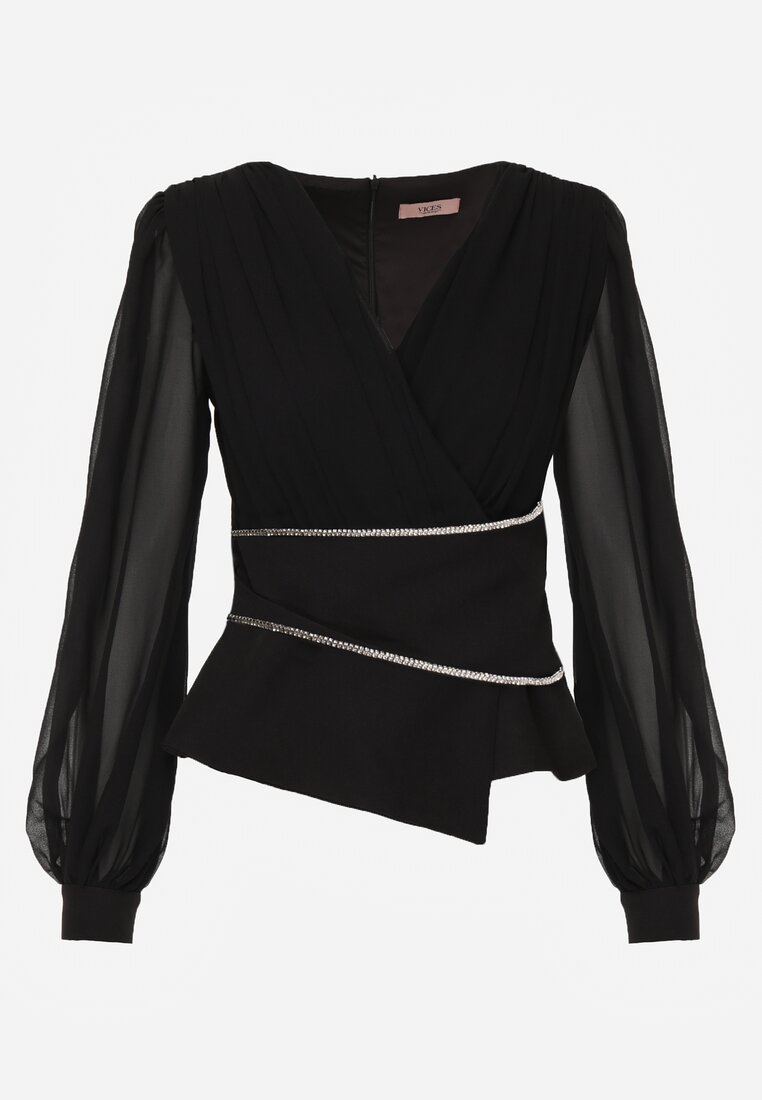 Czarna Bluzka VICES w Kopertowym Stylu z Luźnymi Transparentnymi Rękawami i Dekoltem V Inge