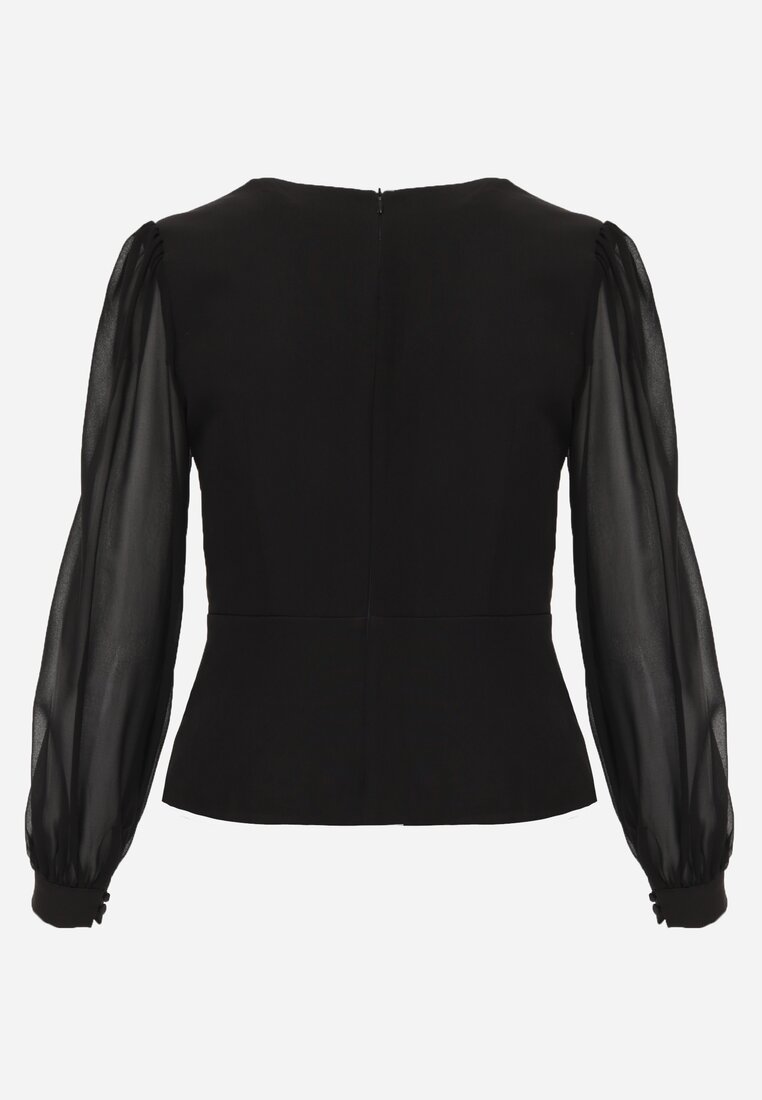 Czarna Bluzka VICES w Kopertowym Stylu z Luźnymi Transparentnymi Rękawami i Dekoltem V Inge