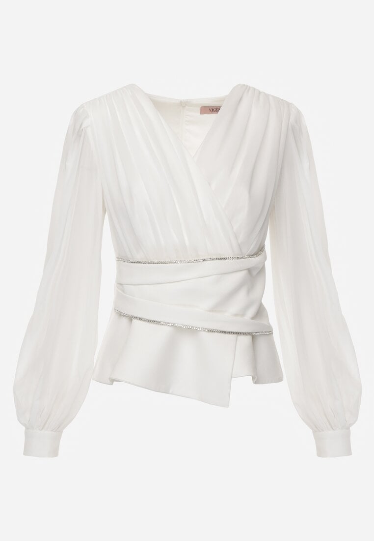 Biała Bluzka VICES w Kopertowym Stylu z Luźnymi Transparentnymi Rękawami i Dekoltem V Inge