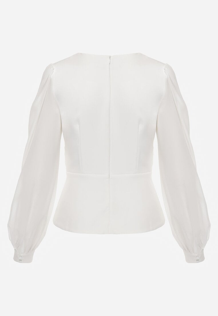Biała Bluzka VICES w Kopertowym Stylu z Luźnymi Transparentnymi Rękawami i Dekoltem V Inge