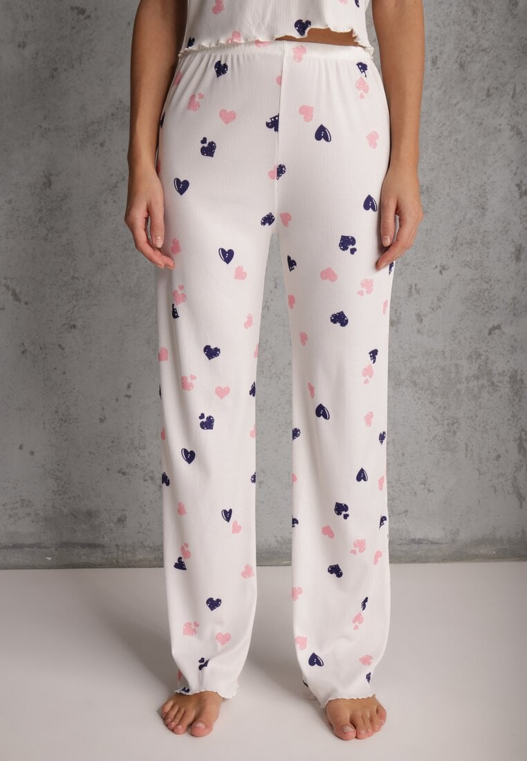 Biały Elastyczny Komplet Piżamowy w Serduszka Spodnie i Top Isle