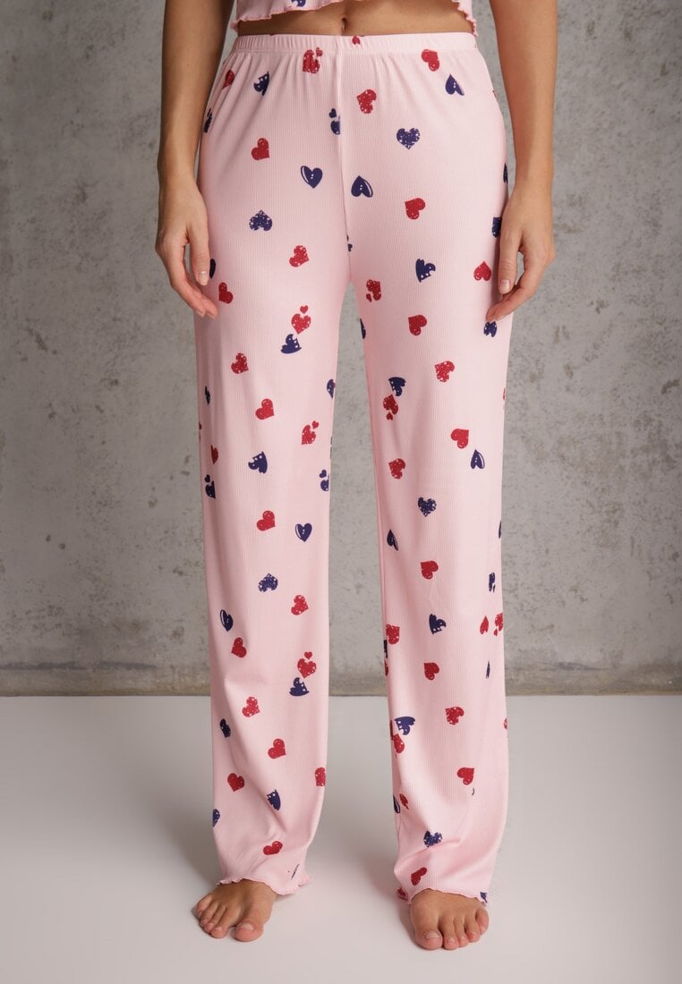 Różowy Elastyczny Komplet Piżamowy w Serduszka Spodnie i Top Isle