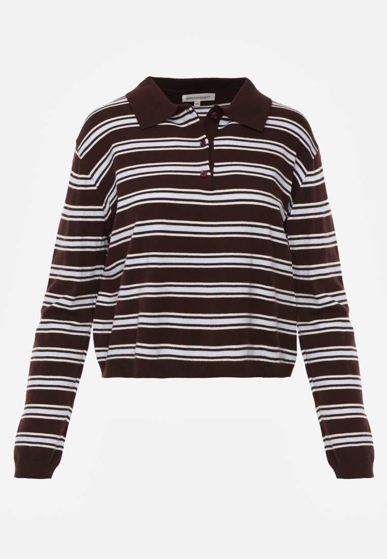 Brązowy Pasiasty Sweter z Kołnierzem i Guzikami Marlea