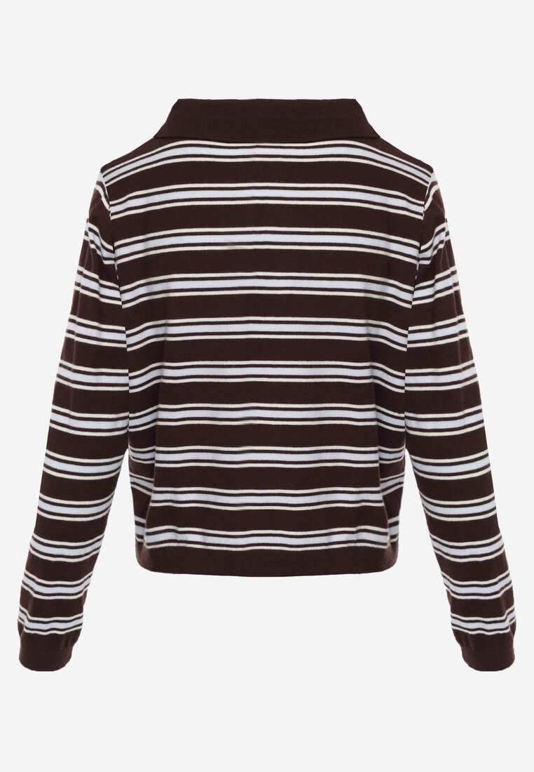 Brązowy Pasiasty Sweter z Kołnierzem i Guzikami Marlea