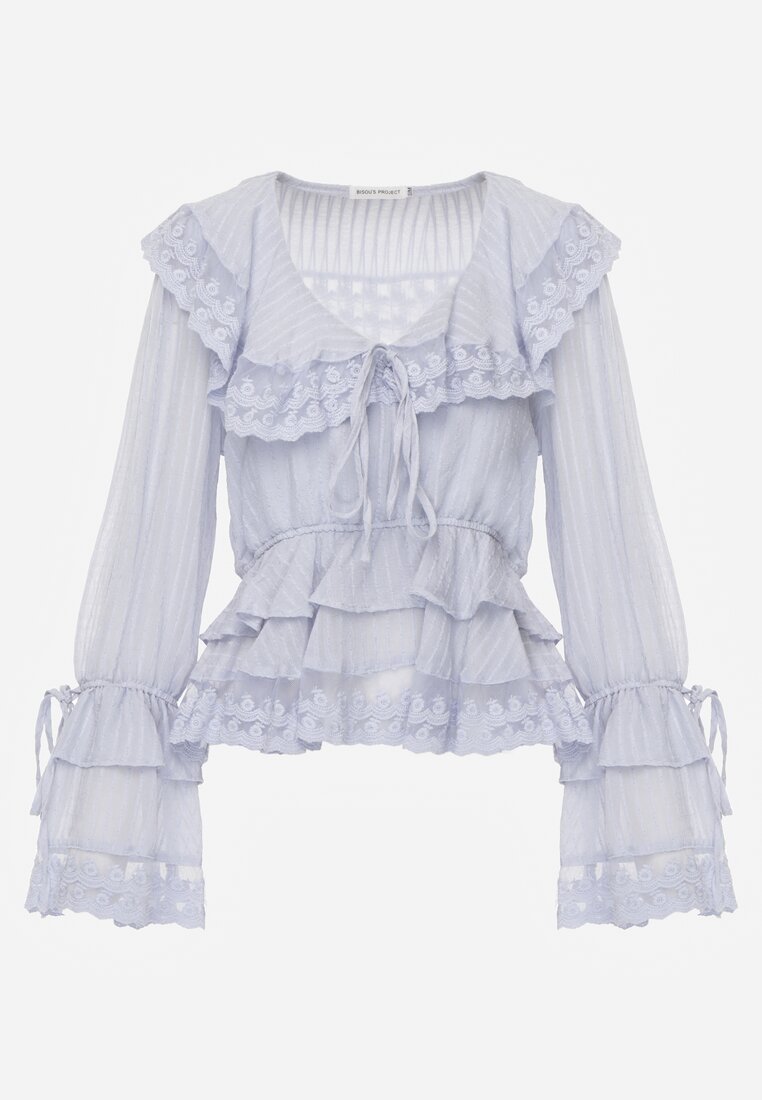 Niebieska Bluzka z Wiskozy Boho Ozdobiona Wiązaniami Koronką  i Falbanami Gavimia