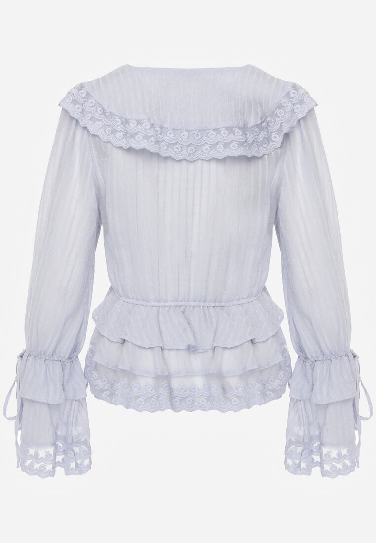 Niebieska Bluzka z Wiskozy Boho Ozdobiona Wiązaniami Koronką  i Falbanami Gavimia