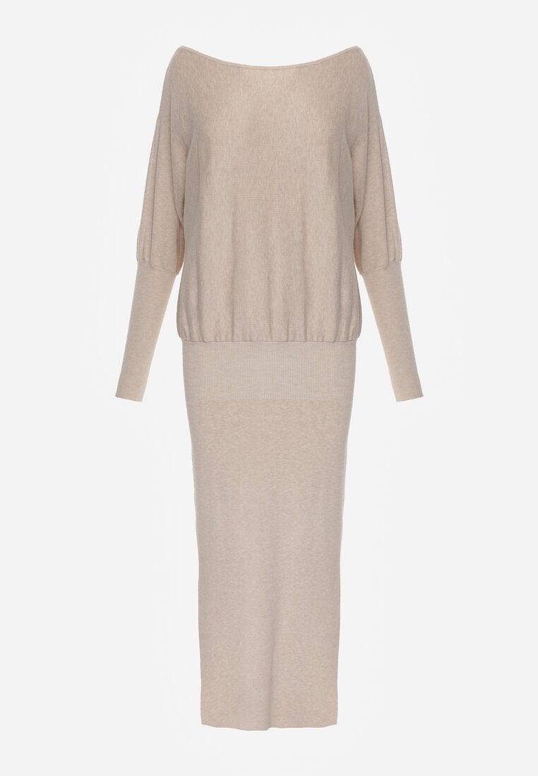 Beżowa Nietoperzowa Sukienka z Dzianiny z Wiskozą z Dekoltem w Łódkę Yuzoma