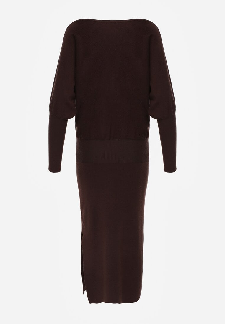 Brązowa Nietoperzowa Sukienka z Dzianiny z Wiskozą z Dekoltem w Łódkę Yuzoma