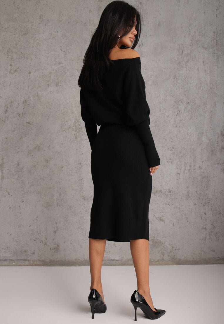 Czarna Nietoperzowa Sukienka z Dzianiny z Wiskozą z Dekoltem w Łódkę Yuzoma