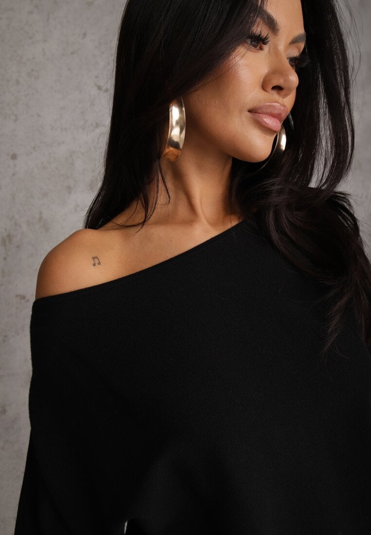 Czarna Nietoperzowa Sukienka z Dzianiny z Wiskozą z Dekoltem w Łódkę Yuzoma