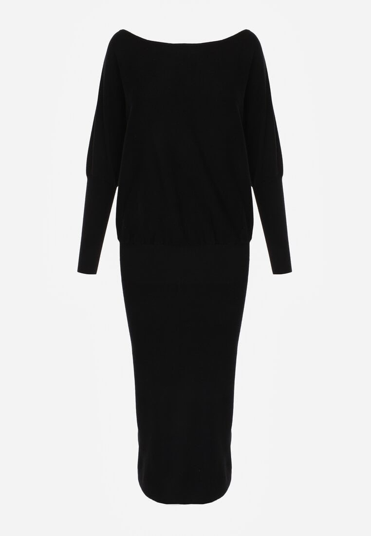Czarna Nietoperzowa Sukienka z Dzianiny z Wiskozą z Dekoltem w Łódkę Yuzoma