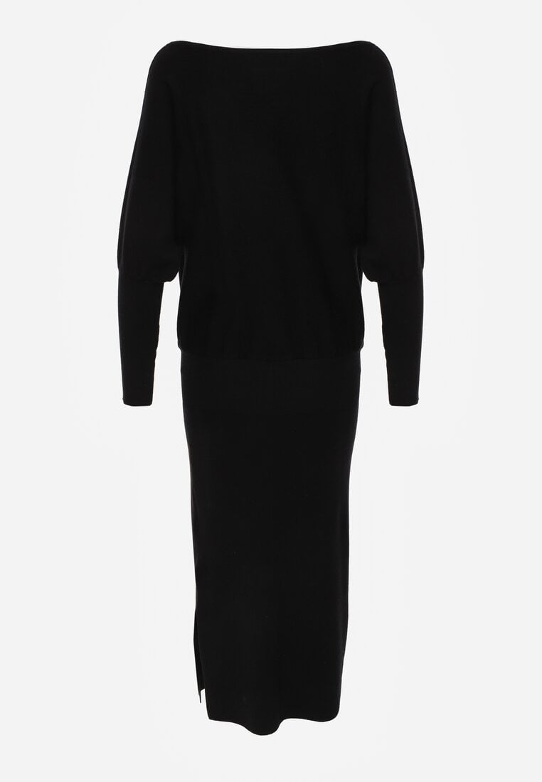 Czarna Nietoperzowa Sukienka z Dzianiny z Wiskozą z Dekoltem w Łódkę Yuzoma