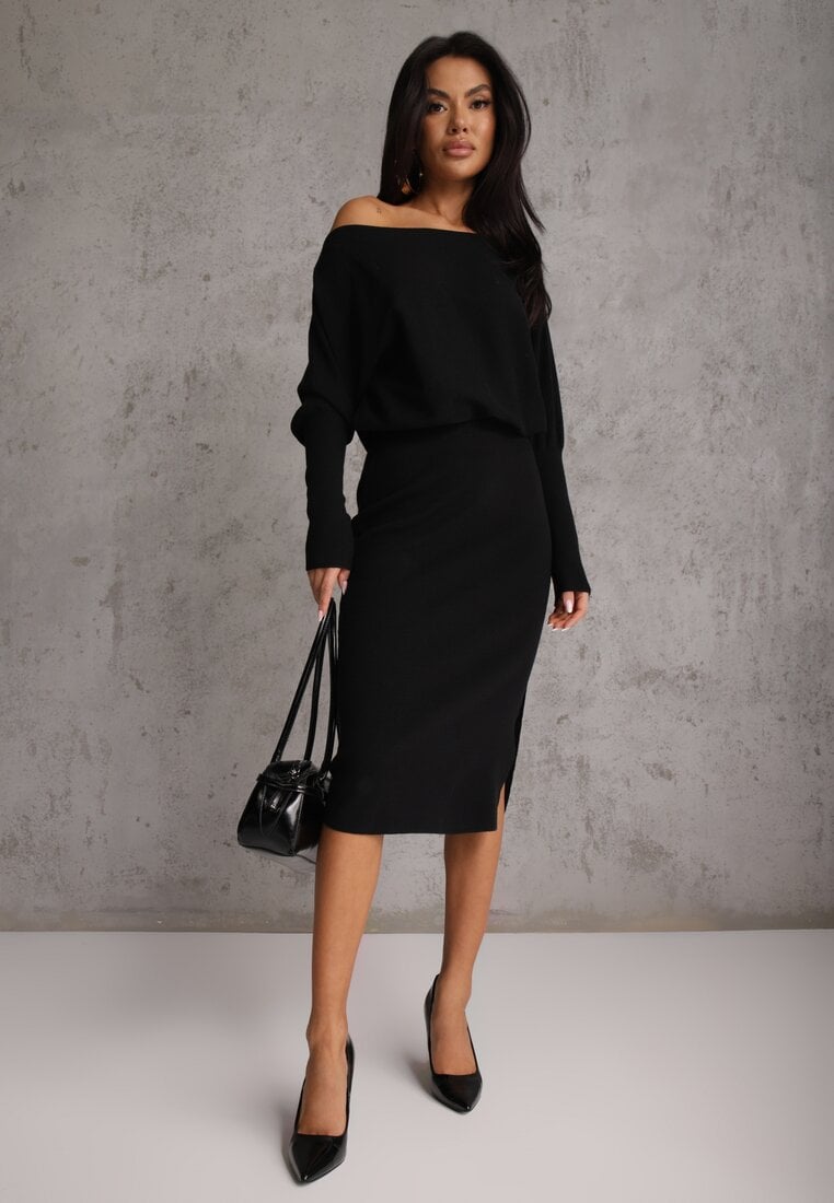 Czarna Nietoperzowa Sukienka z Dzianiny z Wiskozą z Dekoltem w Łódkę Yuzoma