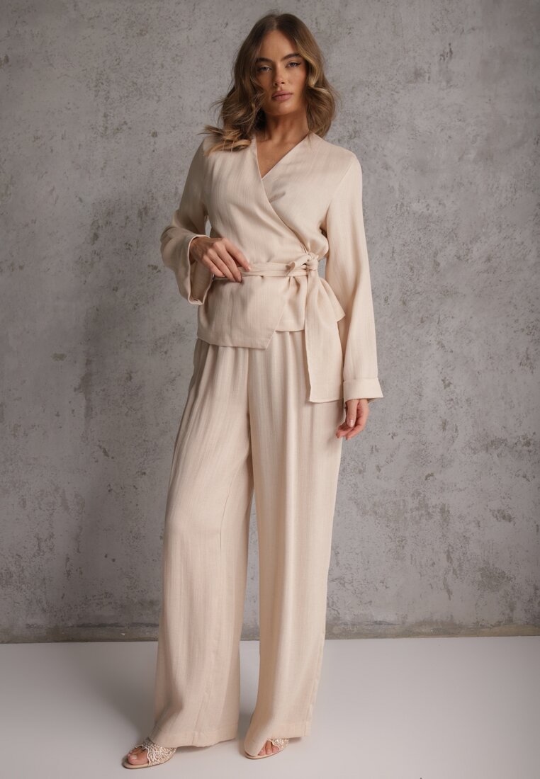 Beżowe Spodnie Wide Leg High Waist z Wiskozy Terilinae