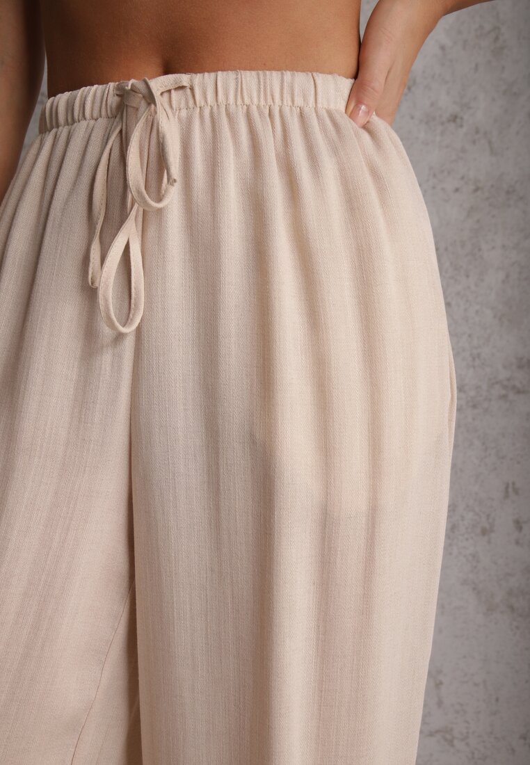 Beżowe Spodnie Wide Leg High Waist z Wiskozy Terilinae