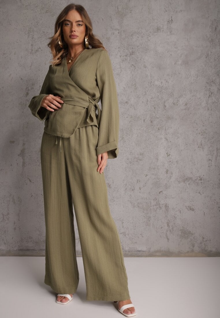 Zielone Spodnie Wide Leg High Waist z Wiskozy Terilinae