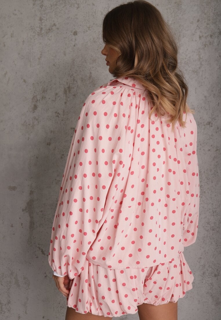 Różowa Nietoperzowa Bluza z Wiskozą w Kropki z Kołnierzykiem Meze