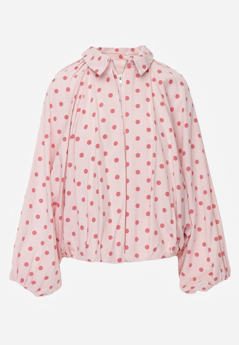 Różowa Nietoperzowa Bluza z Wiskozą w Kropki z Kołnierzykiem Meze