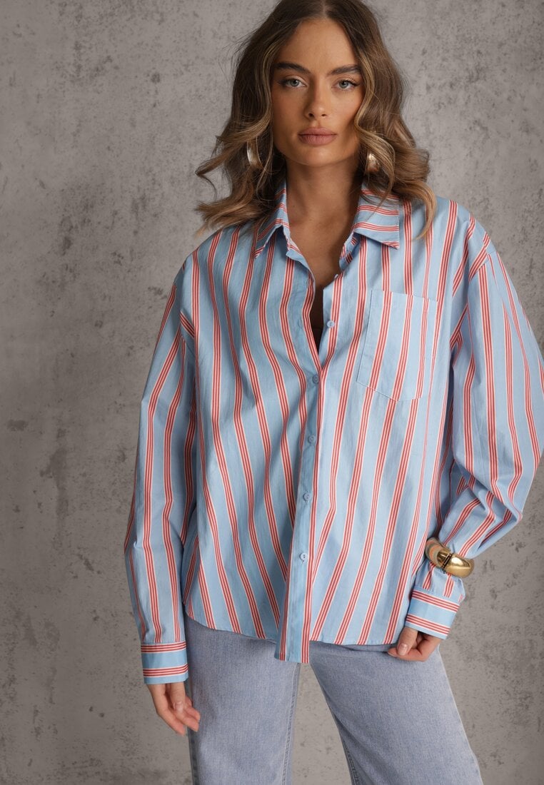 Niebieska Koszula z Bawełny Oversize w Pionowe Paski Telaria
