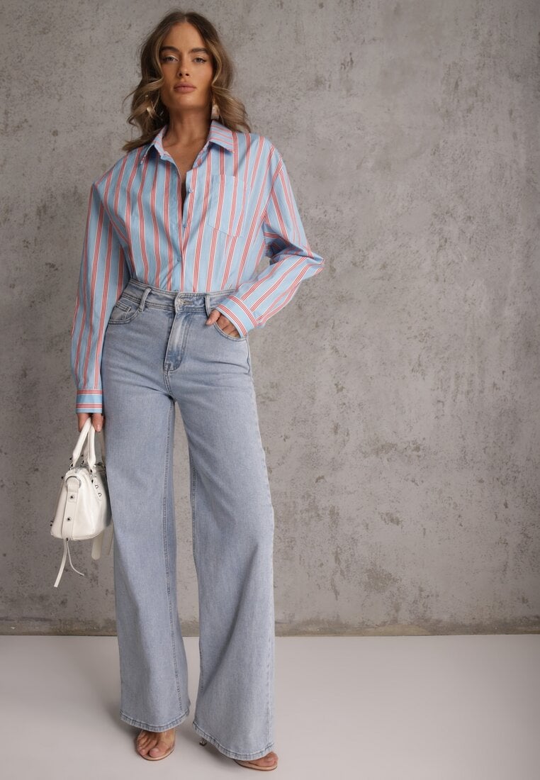 Niebieska Koszula z Bawełny Oversize w Pionowe Paski Telaria