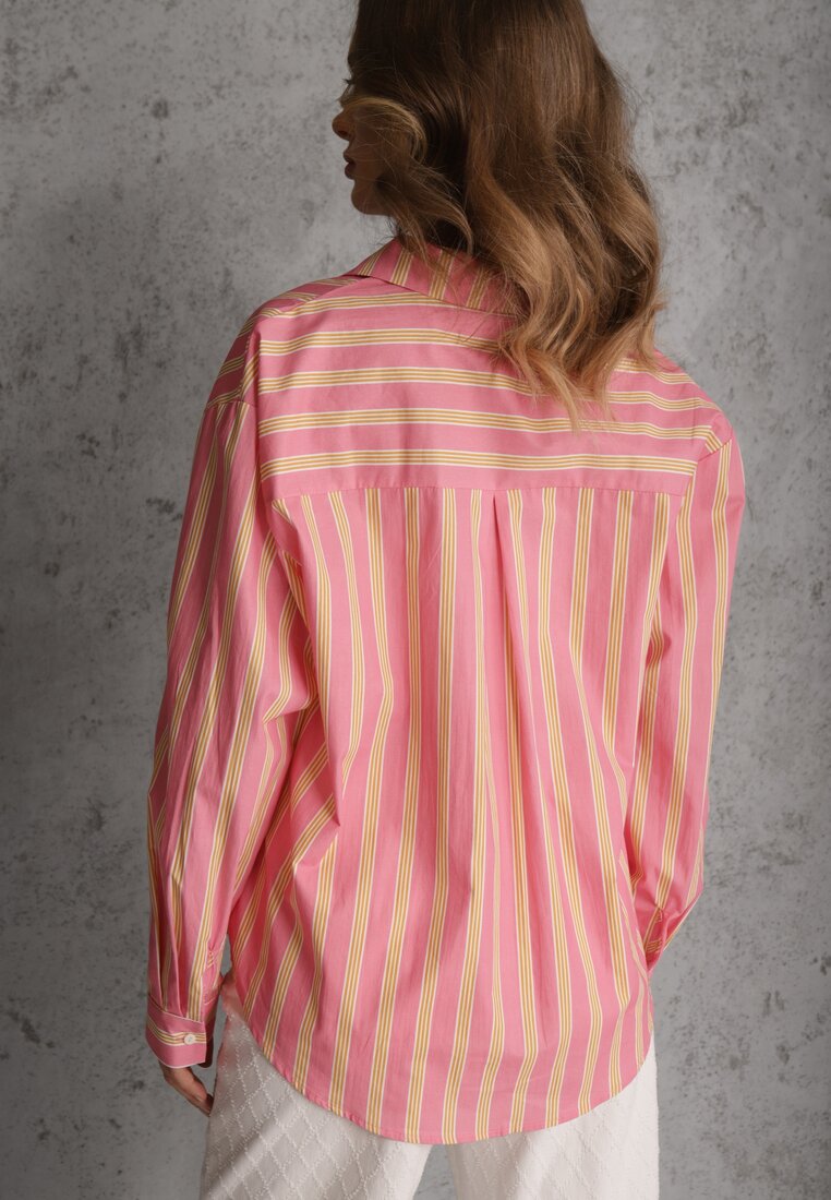 Różowa Koszula z Bawełny Oversize w Pionowe Paski Telaria