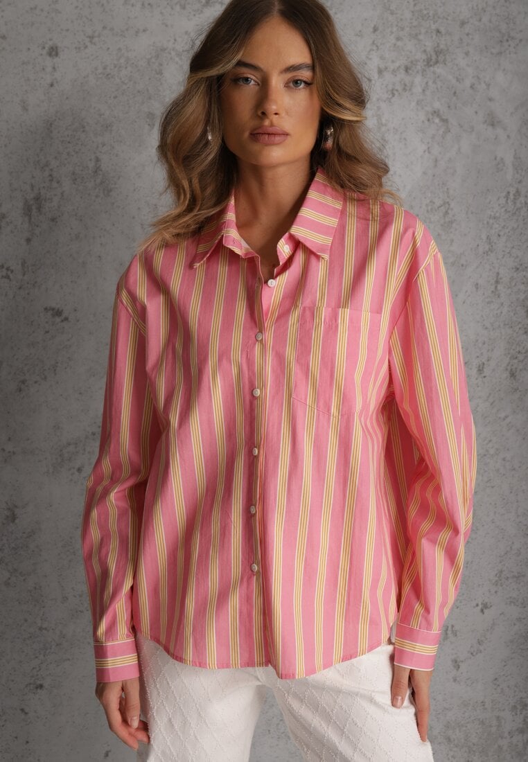 Różowa Koszula z Bawełny Oversize w Pionowe Paski Telaria