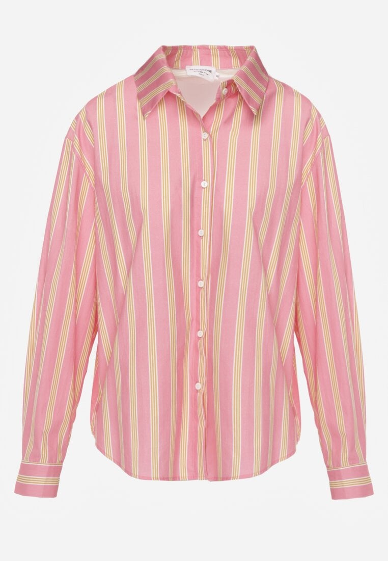 Różowa Koszula z Bawełny Oversize w Pionowe Paski Telaria