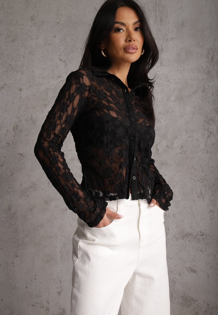 Czarna Koszula z Kwiatowej Koronki Nevieras