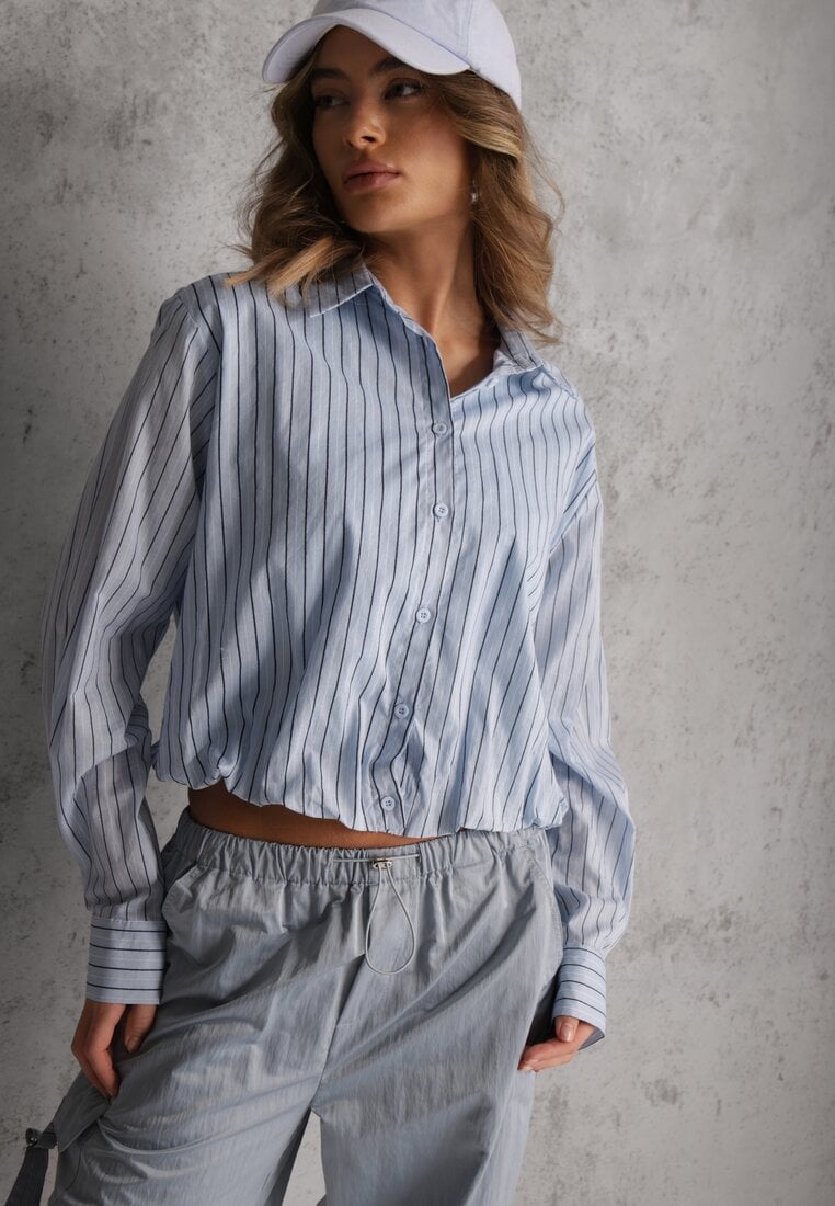 Niebieska Oversizowa Koszula z Bawełny w Pionowe Paseczki z Gumką Kadink