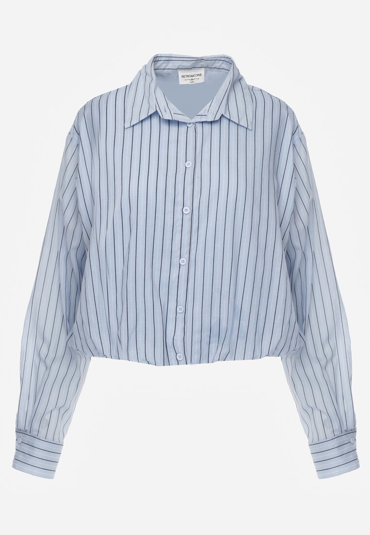 Niebieska Oversizowa Koszula z Bawełny w Pionowe Paseczki z Gumką Kadink