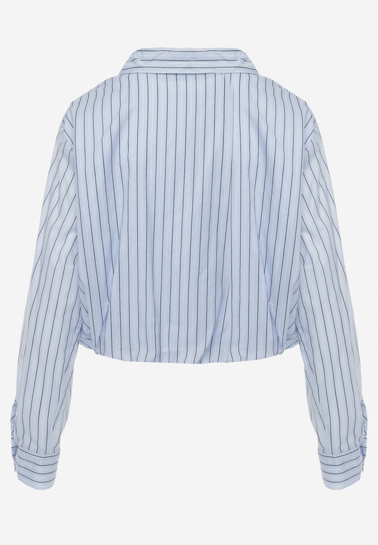 Niebieska Oversizowa Koszula z Bawełny w Pionowe Paseczki z Gumką Kadink