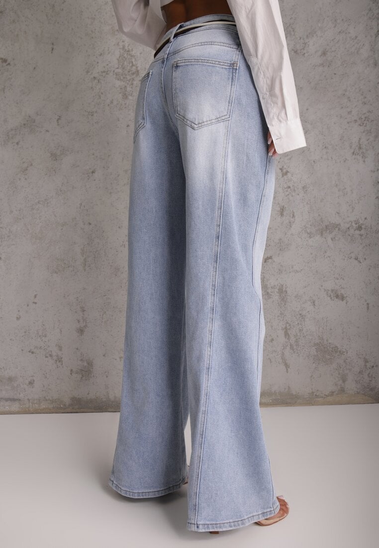 Niebieskie Szerokie Jeansy z Bawełny High Waist z Paskiem w Stylu Sznurówki Vetinia