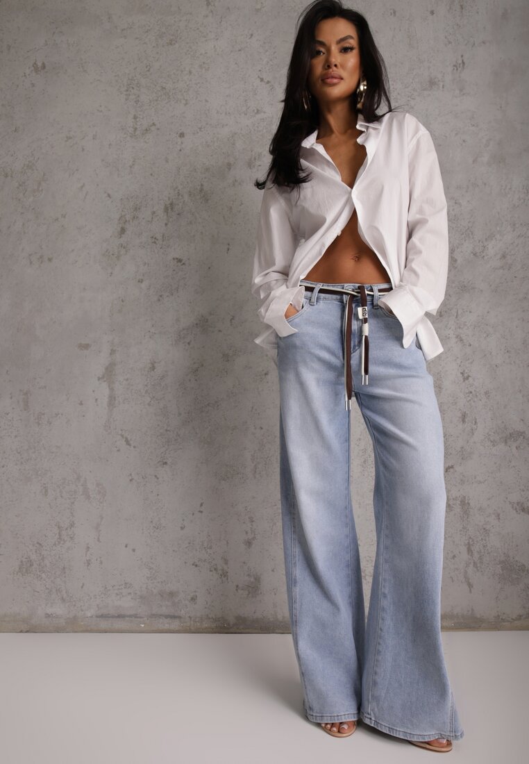 Niebieskie Szerokie Jeansy z Bawełny High Waist z Paskiem w Stylu Sznurówki Vetinia