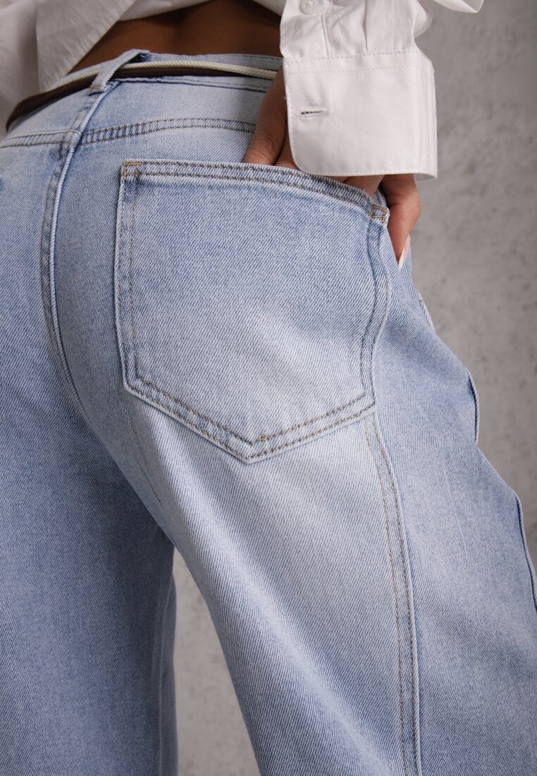 Niebieskie Szerokie Jeansy z Bawełny High Waist z Paskiem w Stylu Sznurówki Vetinia