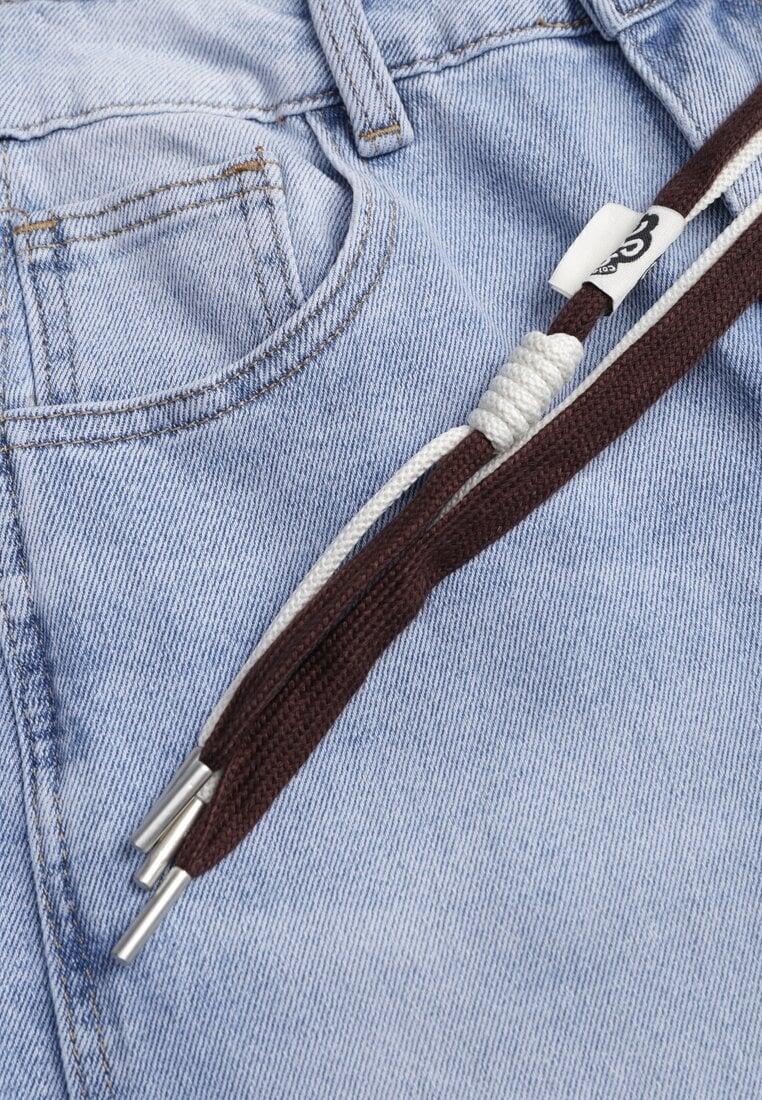 Niebieskie Szerokie Jeansy z Bawełny High Waist z Paskiem w Stylu Sznurówki Vetinia