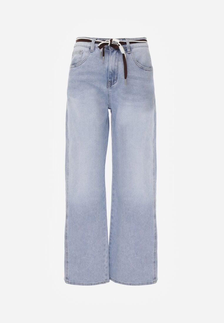 Niebieskie Szerokie Jeansy z Bawełny High Waist z Paskiem w Stylu Sznurówki Vetinia