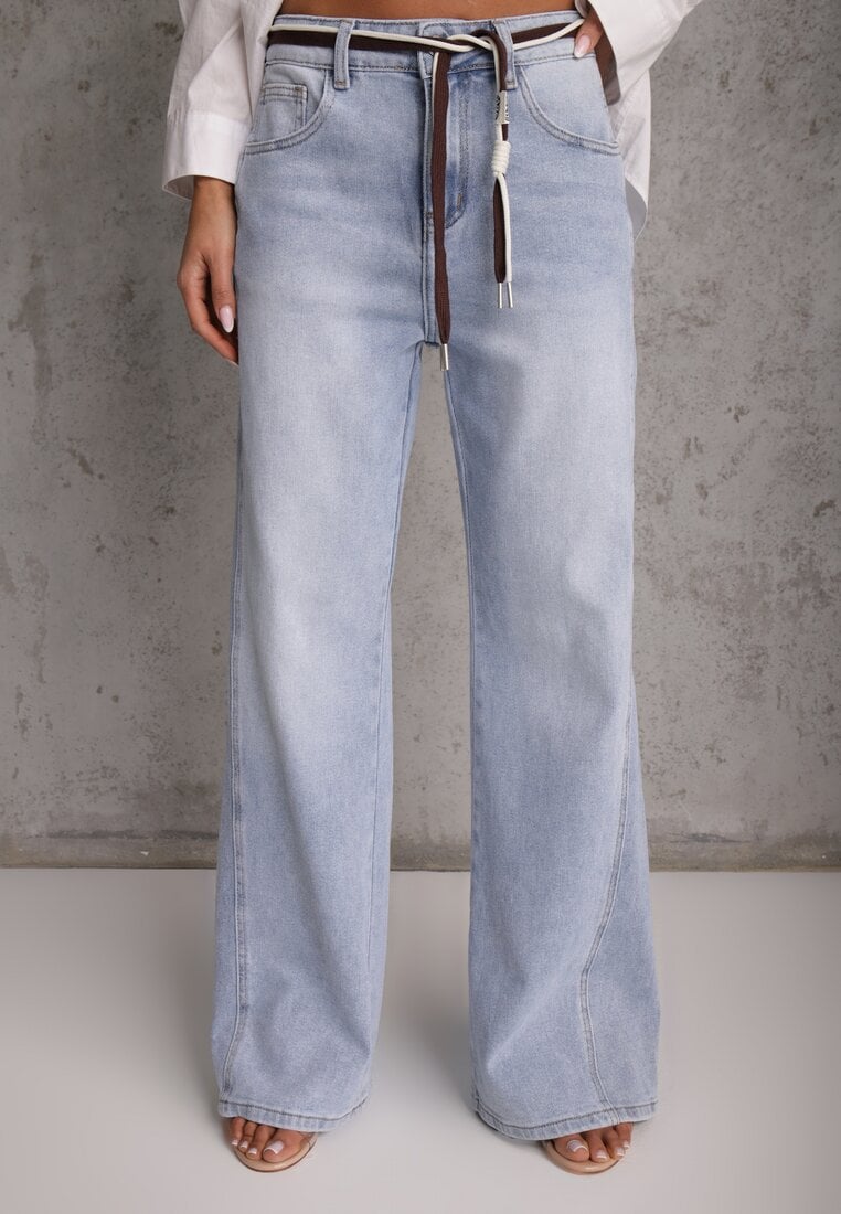 Niebieskie Szerokie Jeansy z Bawełny High Waist z Paskiem w Stylu Sznurówki Vetinia