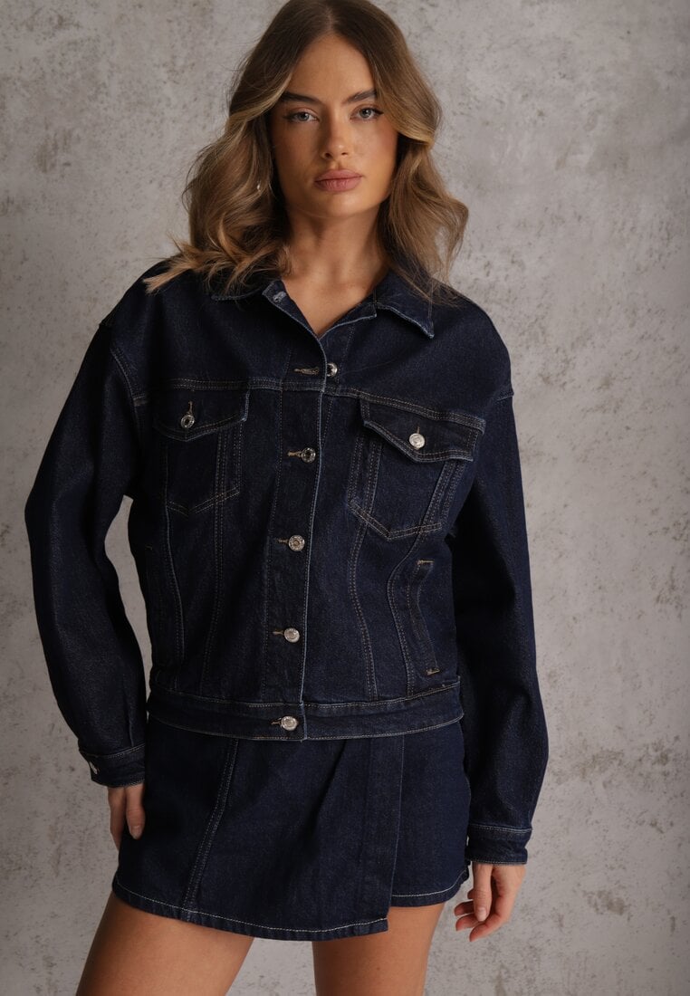 Granatowa Oversizowa Kurtka Jeansowa z Bawełną Vimaloras