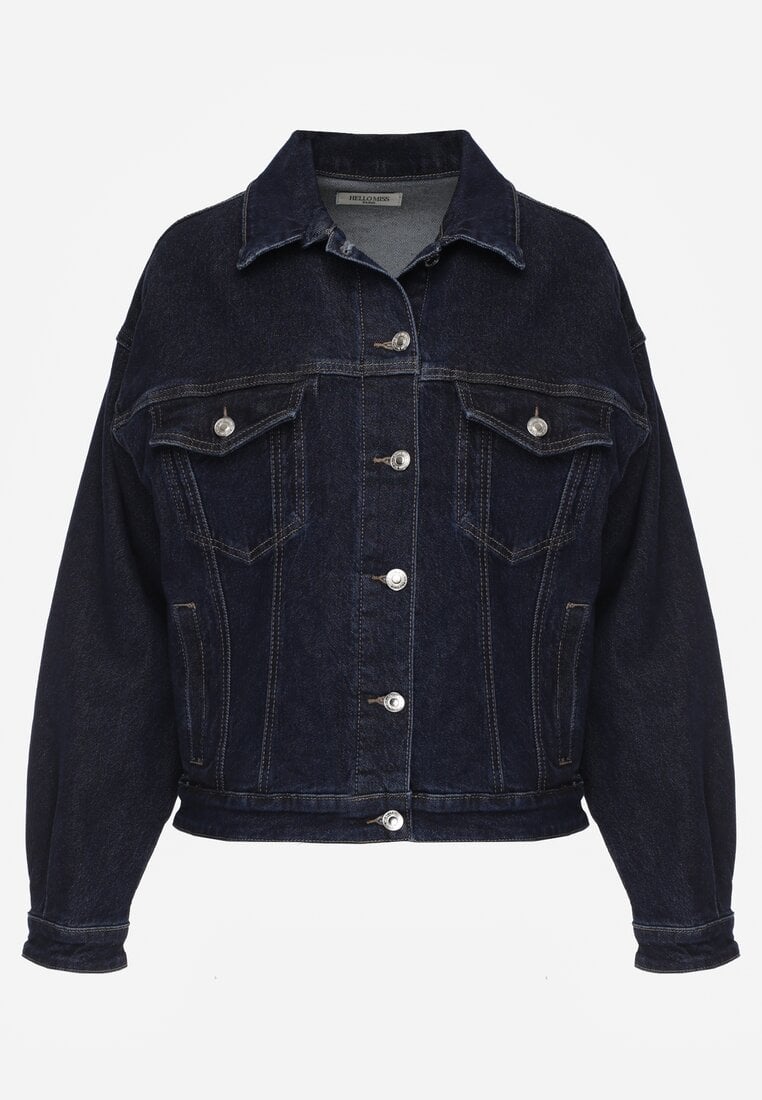 Granatowa Oversizowa Kurtka Jeansowa z Bawełną Vimaloras