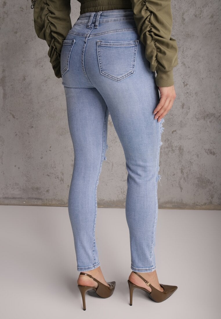 Niebieskie Jeansy Slim z Bawełny Ozdobione Przetarciami Vikiania