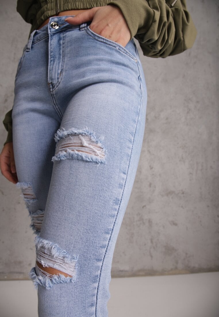 Niebieskie Jeansy Slim z Bawełny Ozdobione Przetarciami Vikiania