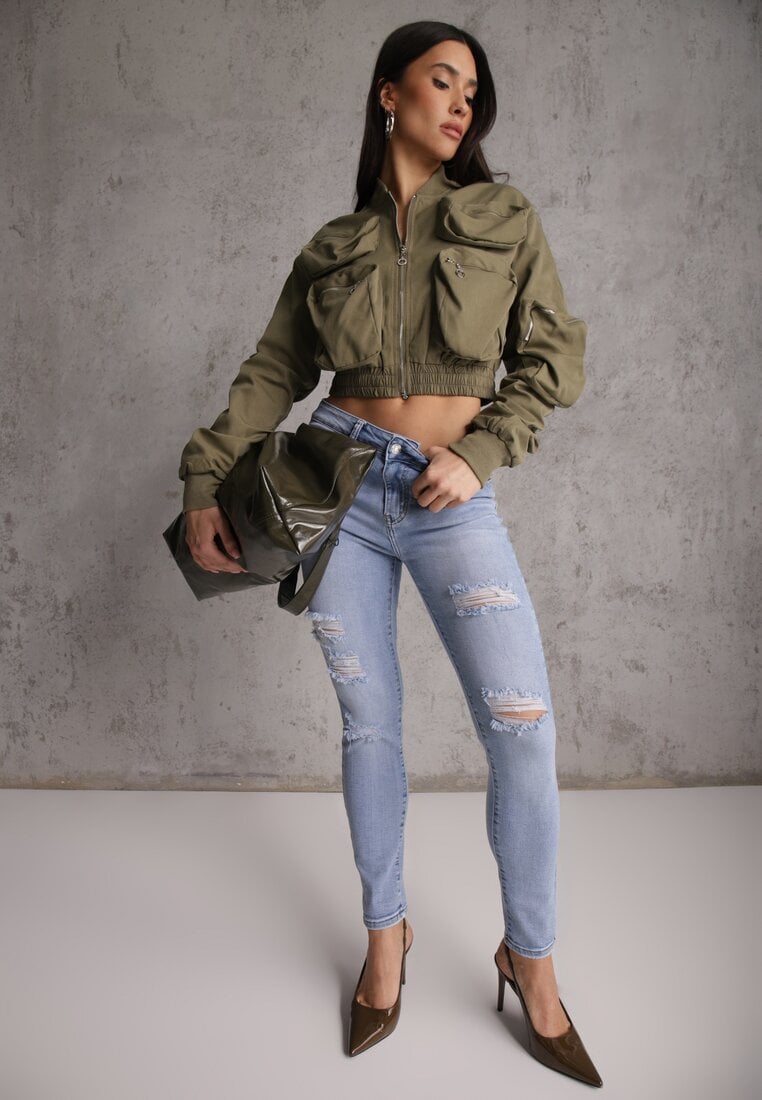 Niebieskie Jeansy Slim z Bawełny Ozdobione Przetarciami Vikiania