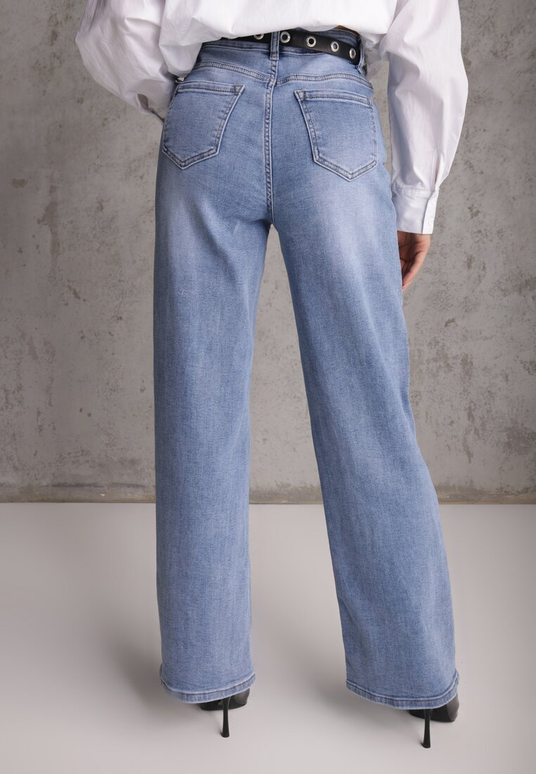 Niebieskie Jeansy Wide Leg High Waist z Elastycznego Denimu z Bawełną Jelimia