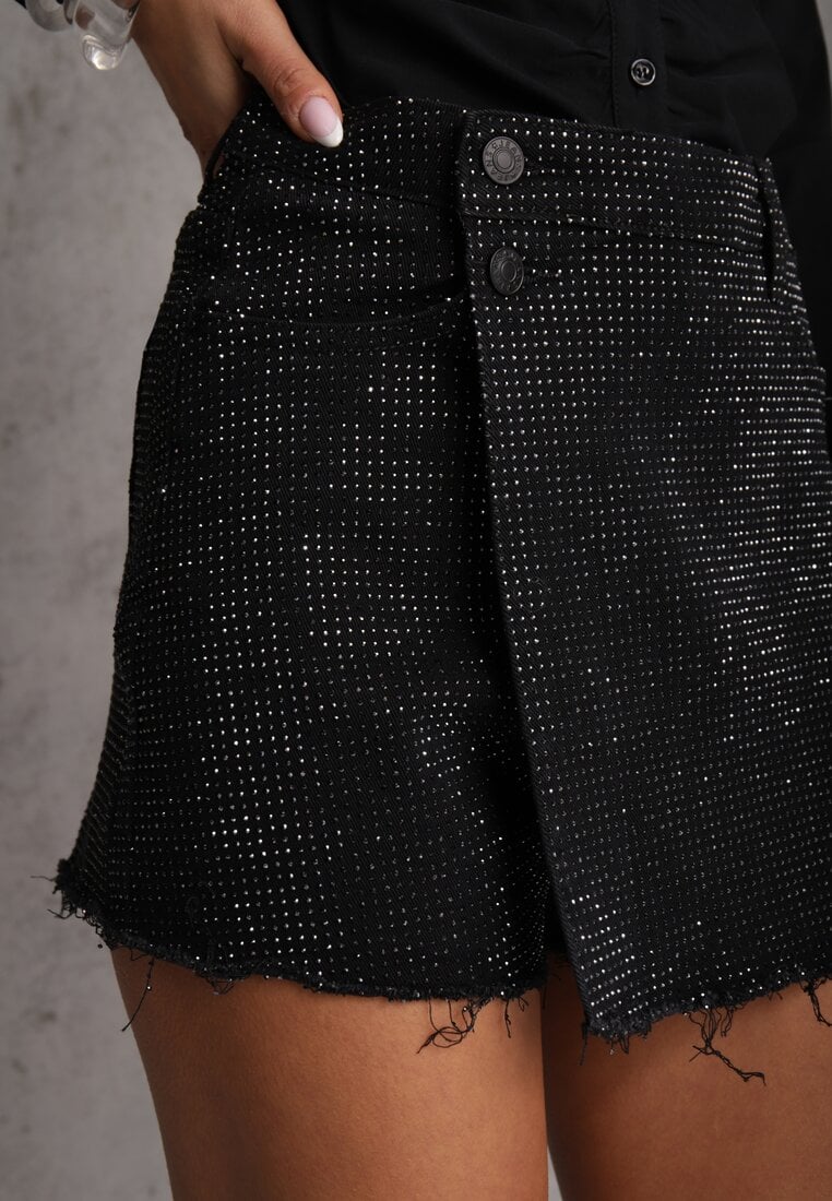 Czarne Eleganckie Spódnico-Szorty Jeansowe z Bawełną Ozdobione Cyrkoniami Risalenna