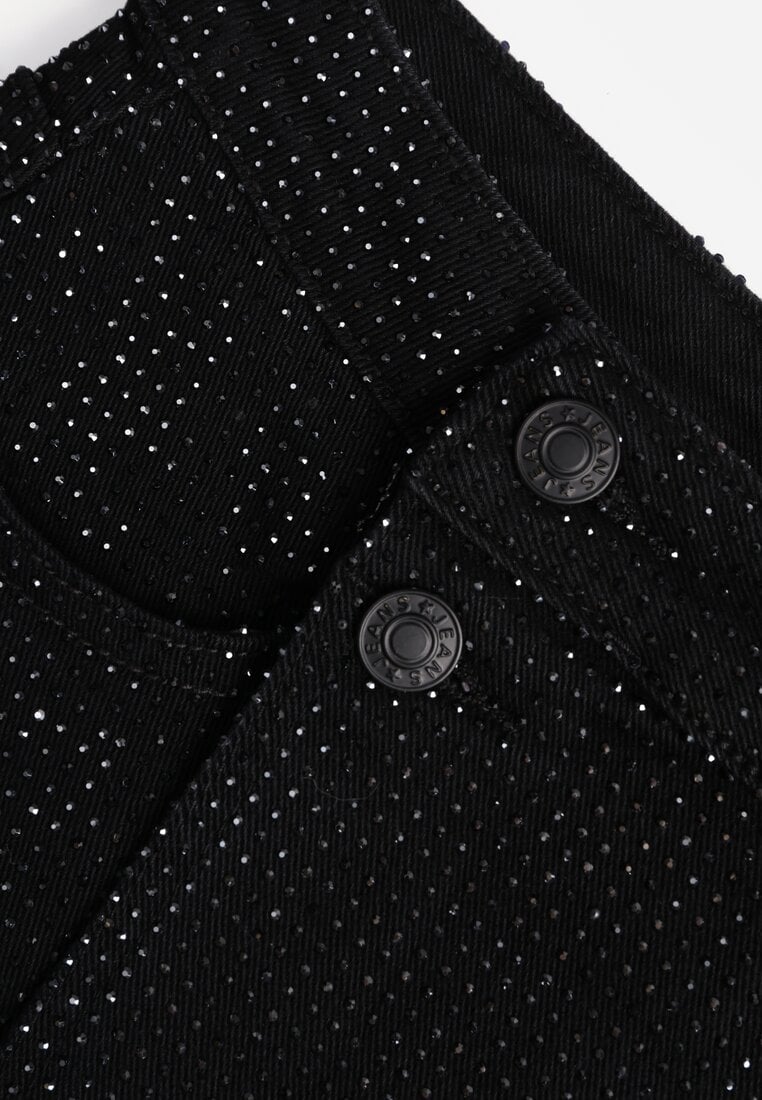 Czarne Eleganckie Spódnico-Szorty Jeansowe z Bawełną Ozdobione Cyrkoniami Risalenna