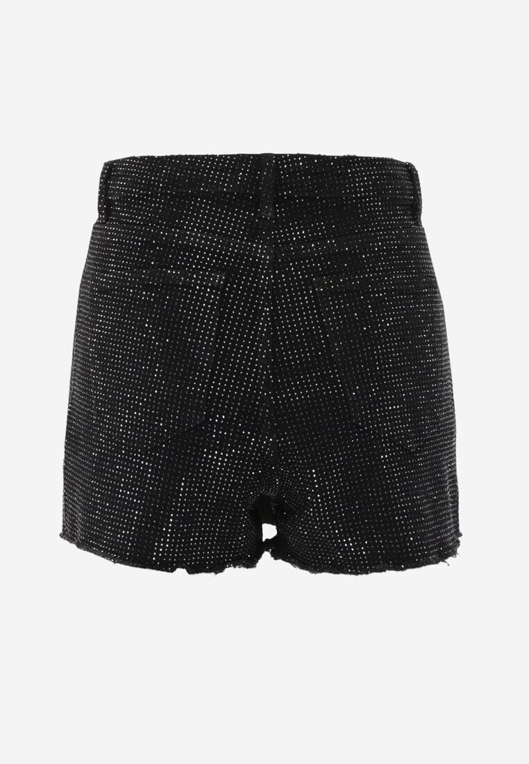 Czarne Eleganckie Spódnico-Szorty Jeansowe z Bawełną Ozdobione Cyrkoniami Risalenna