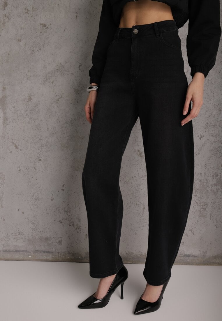 Czarne Jeansy Barrel Fit High Waist z Bawełną Rolimia