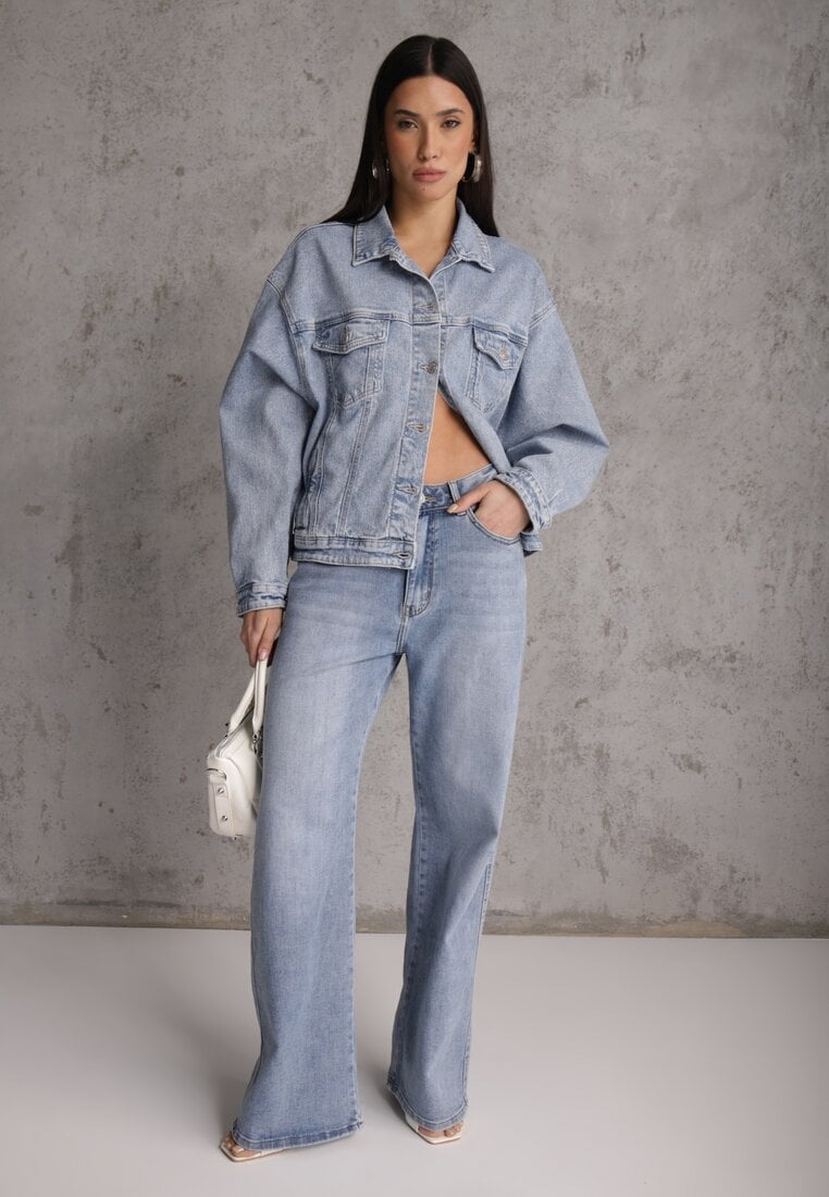 Niebieskie Jeansy Szerokie z Bawełny High Waist Ozdobione Perełkami i Wycięciami Nenelsea